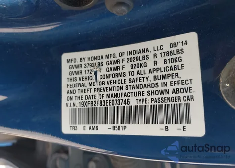 2014 Honda Civic Ex z USA, uszkodzony, nr VIN 19XFB2F83EE073746